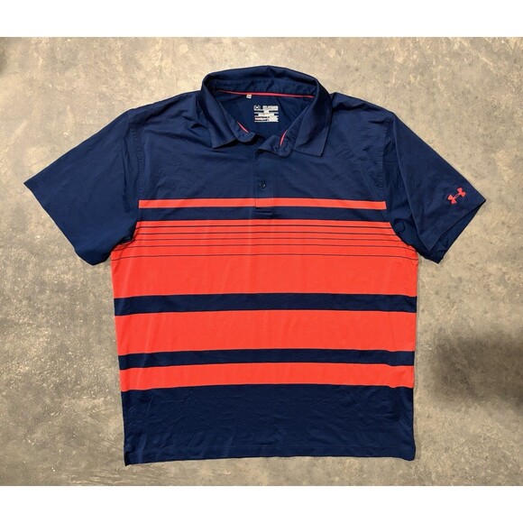 Under Armour Polo Shirt Mens Size 2XL XXL Loose Heat Gear Blue Red Stripe - Picture 1 of 4